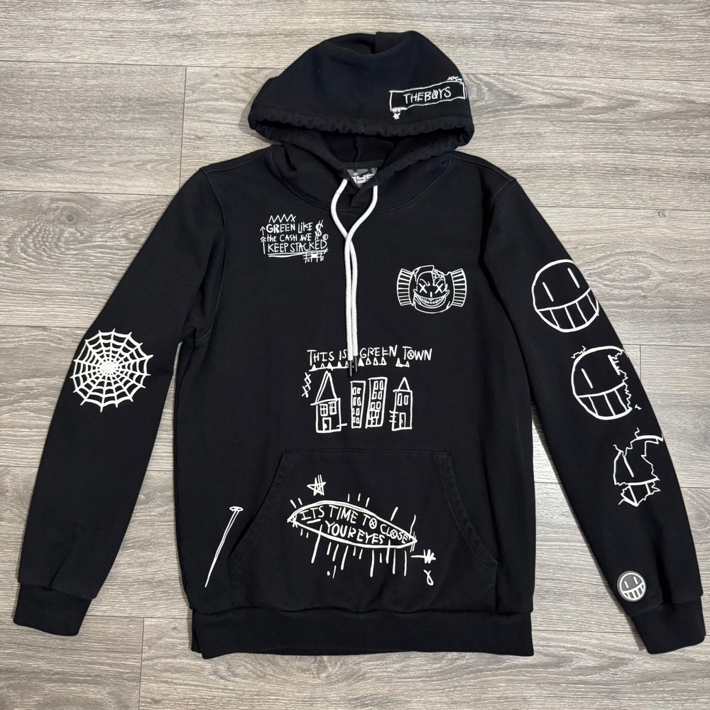 The‎ Boys Cotton Green Town Graphic Hoodie Black Doodle Print Mens Medium Skater